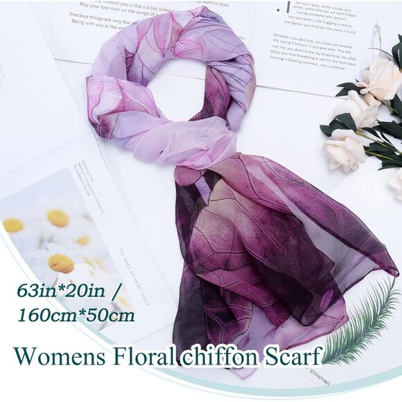 Women's Purple 1 Fashion Lightweight Head Scarf Floral Print Chiffon Scarves - Picture 3 of 7
